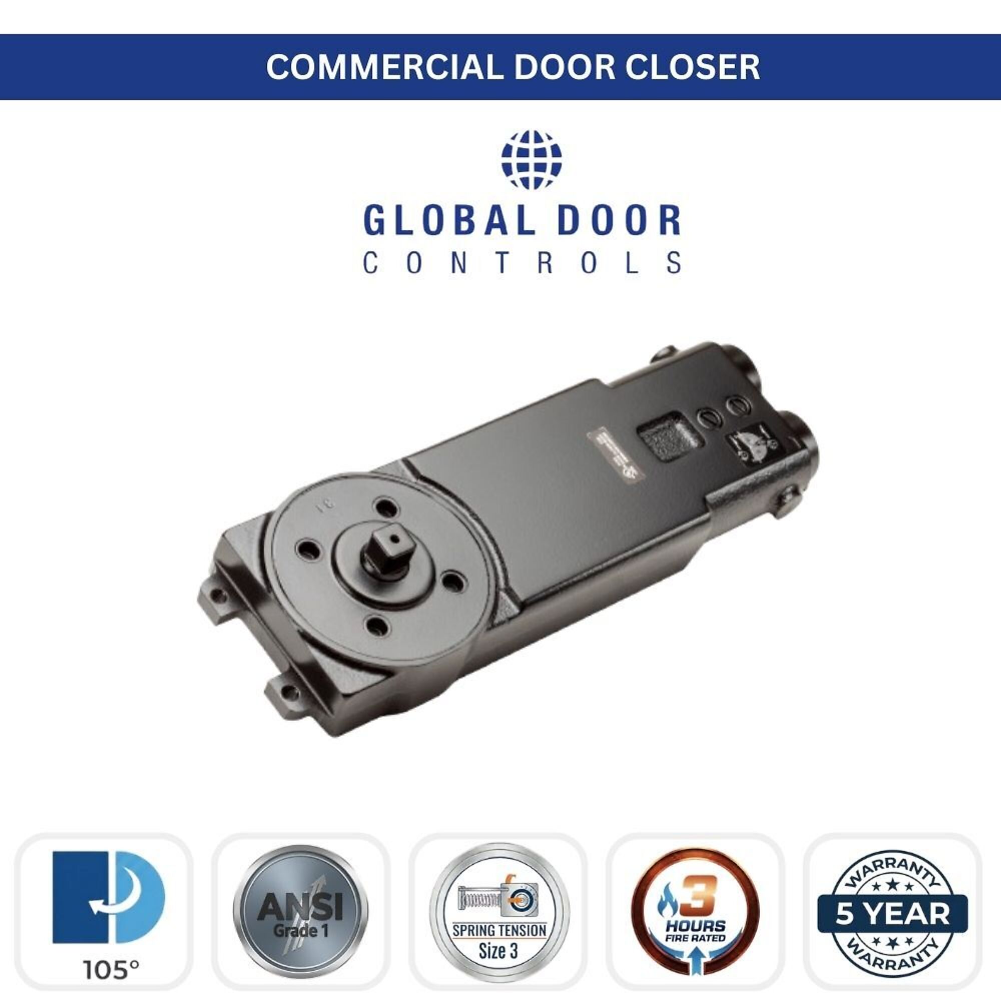 Global Door Controls, Duronodic Grade 1 Overhead Concealed Medium Duty Door Closer with 90 Degree Swing Radius and Hold Open Arm - Size 3, #TC7032LP